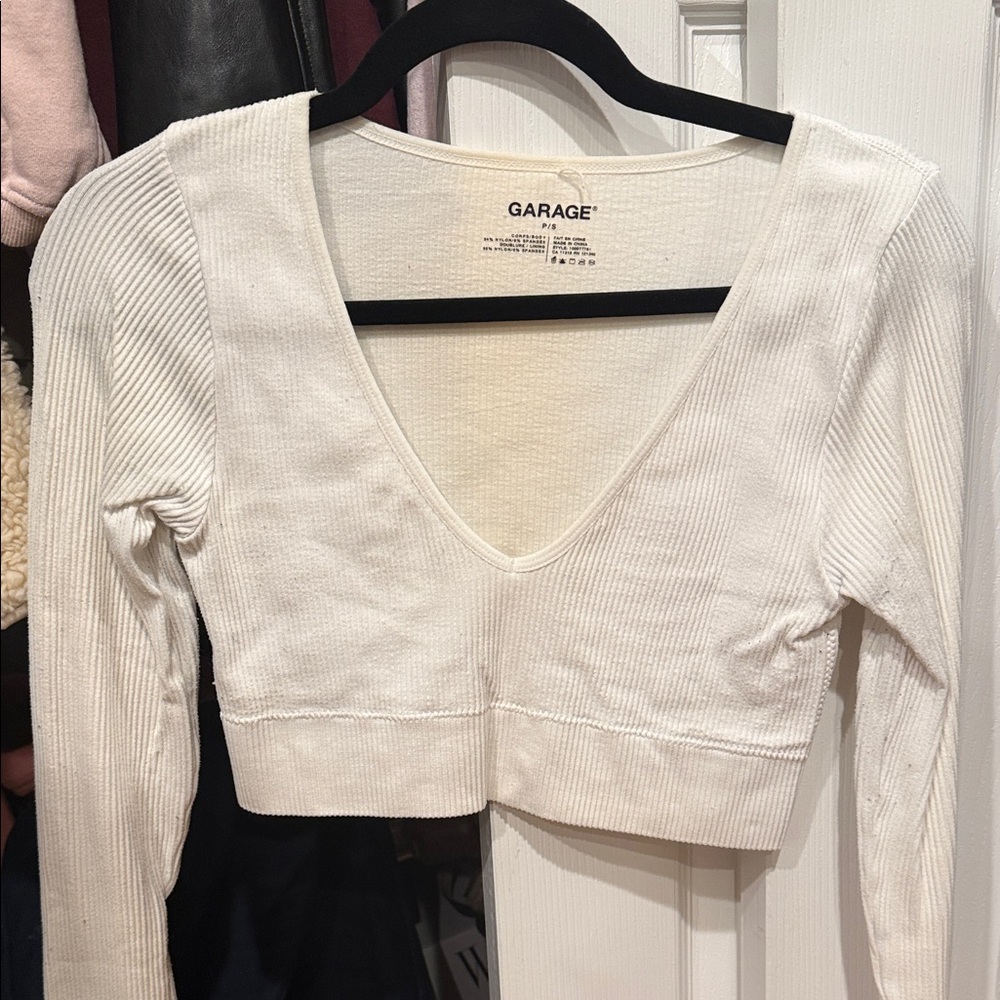 Garage Women's Cream Ribbed V-Neck Crop Top